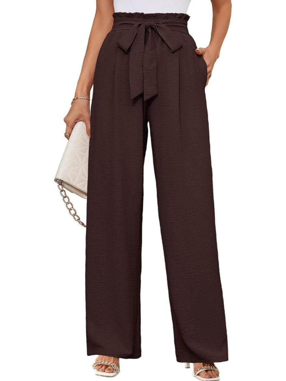 Womens Dark Brown Wide Leg Pant High Waisted Tie Knot Loose Comfy Casual Trouser